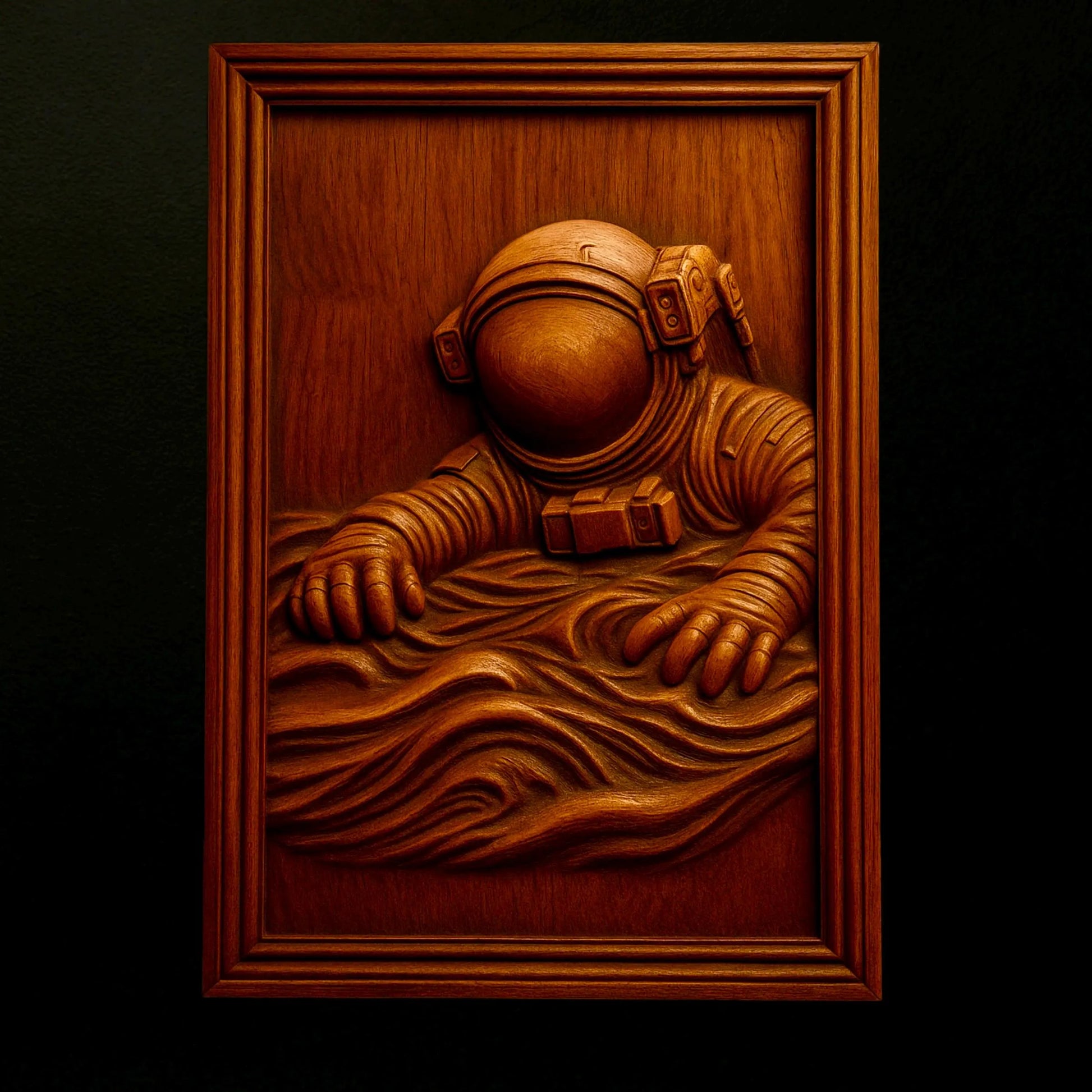 Crafted by Form Arcade, the "Astronaut Falling CNC Relief STL File | Space CNC Wall Art" features a detailed astronaut with outstretched arms emerging from stylized waves, beautifully designed for woodworking projects. This relief is set within a rectangular wooden frame and displayed against a black background.