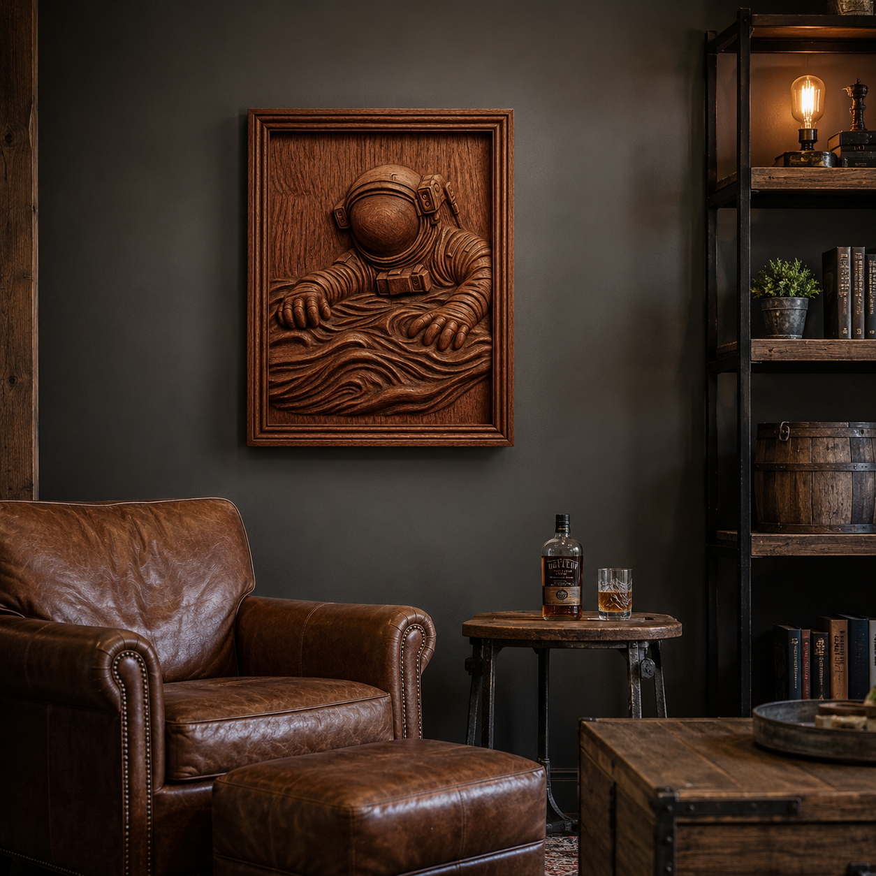 A cozy study features a leather chair, ottoman, and wooden table holding whiskey and a glass. One wall is lined with bookshelves, while a framed Form Arcade "Astronaut Falling CNC Relief STL File | Space CNC Wall Art" adds unique charm to the space. Warm lighting creates a relaxed atmosphere—perfect for enjoying woodworking projects or admiring this distinctive astronaut-themed STL art piece.