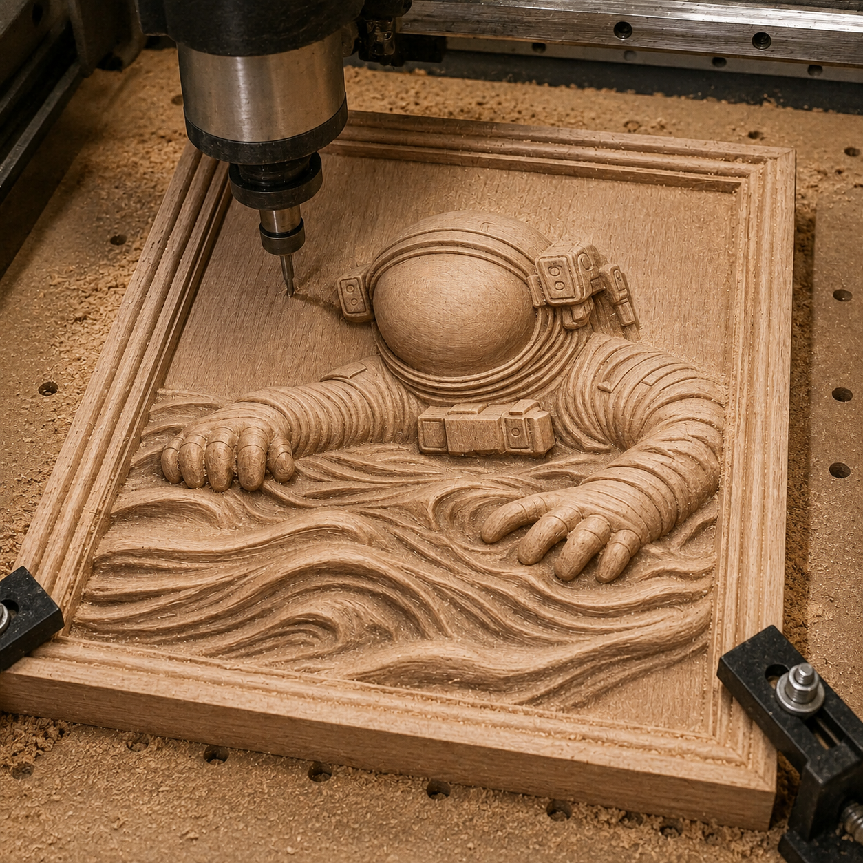 A Form Arcade CNC carving machine meticulously shapes a detailed wooden relief from the “Astronaut Falling CNC Relief STL File | Space CNC Wall Art,” depicting an astronaut emerging from swirling waves, with wood shavings scattered around the work area.