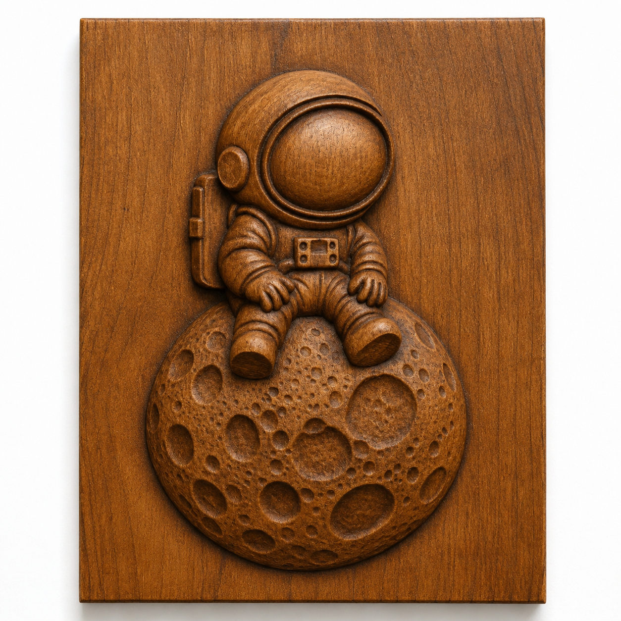 The "Astronaut on the Moon Relief STL File" by Form Arcade features a faceless astronaut sitting on a textured moon, designed for CNC carving as unique space-themed wall art.