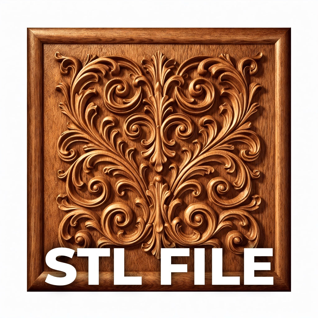 Baroque Scroll Pattern Relief STL File by Form Arcade: an ornate wood carving with swirling floral Baroque designs in a square frame, "STL FILE" in bold white text at the bottom—ideal CNC wall art.