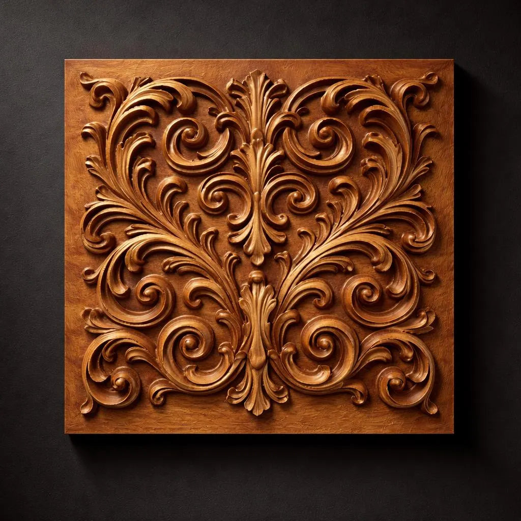 The Baroque Scroll Pattern Relief STL File by Form Arcade features an ornate, symmetrical floral and scroll design—ideal for CNC carving or 3D printing decorative wall art.