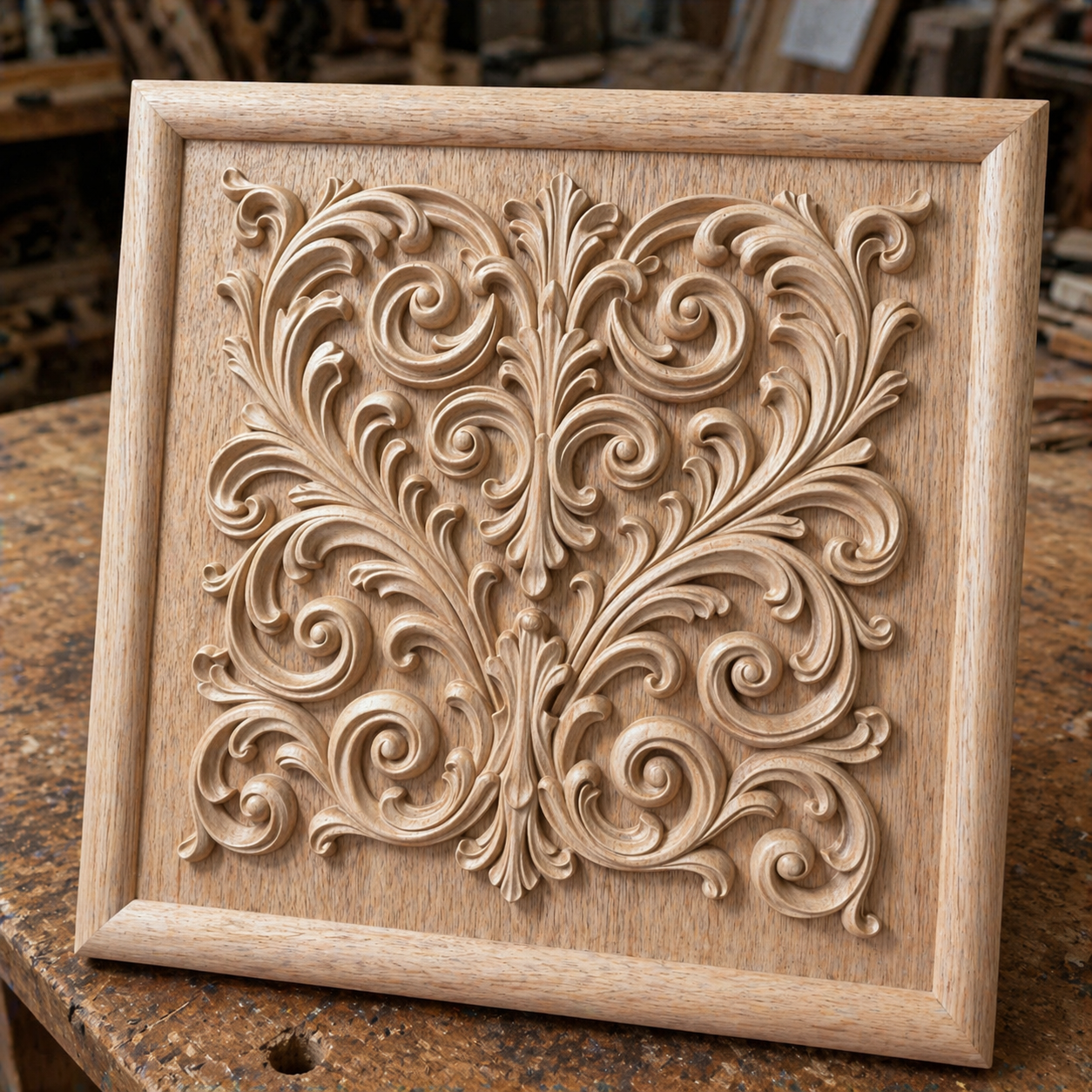The Baroque Scroll Pattern Relief STL File by Form Arcade showcases intricate, symmetrical carvings in a raised wooden plaque—an ideal ornamental CNC wall art design for woodworking enthusiasts.