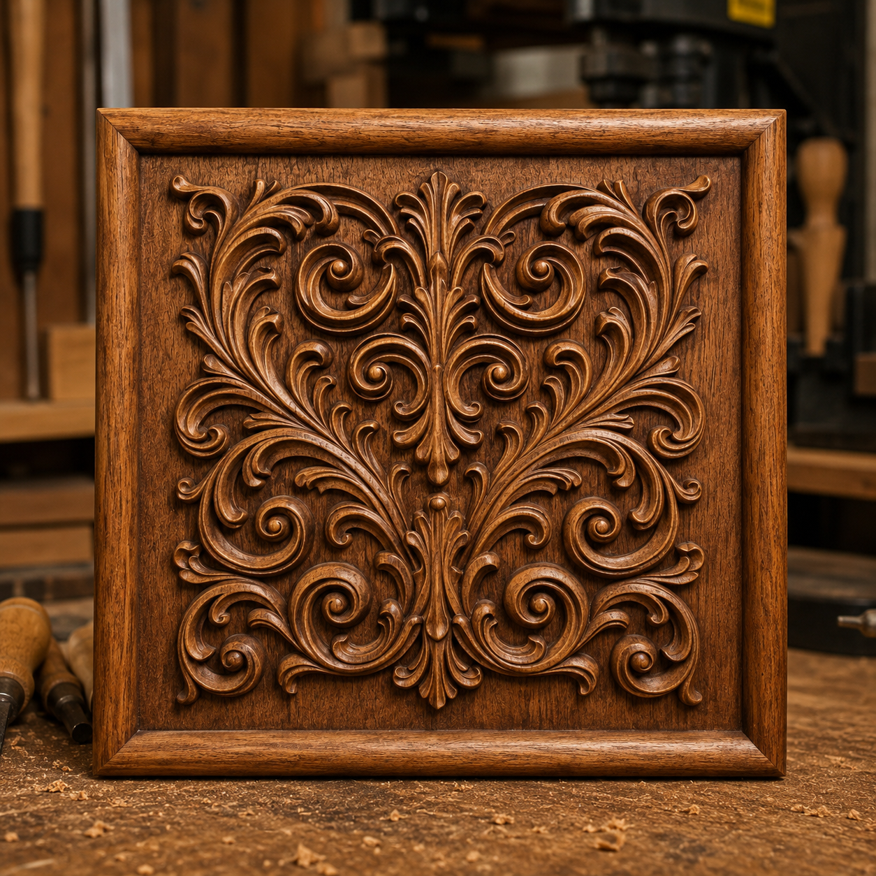 The Baroque Scroll Pattern Relief STL File by Form Arcade, an ornamental CNC wall art design with symmetrical floral and vine carvings, is showcased upright on a workshop table surrounded by woodworking tools and equipment.