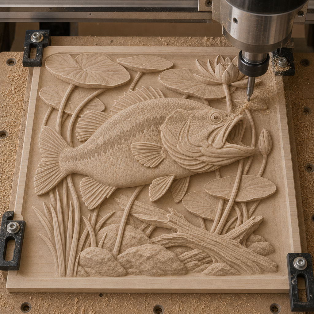 CNC machine cutting a pale wood relief of a bass surrounded by lily pads, lotus, grasses, rocks, and driftwood.