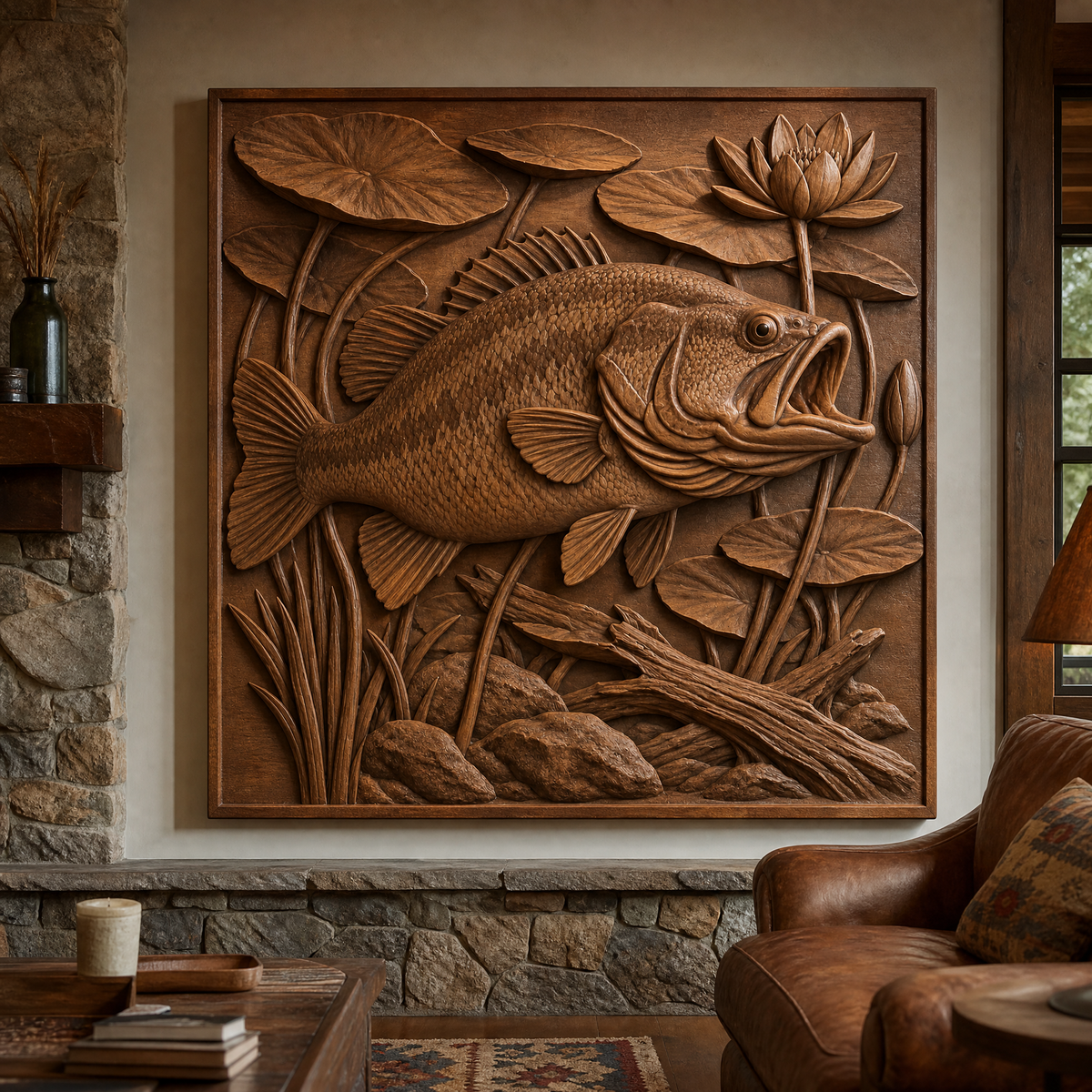 Framed CNC wood relief of a bass swimming among lily pads, lotus flowers, grasses, rocks, and driftwood on a room wall.