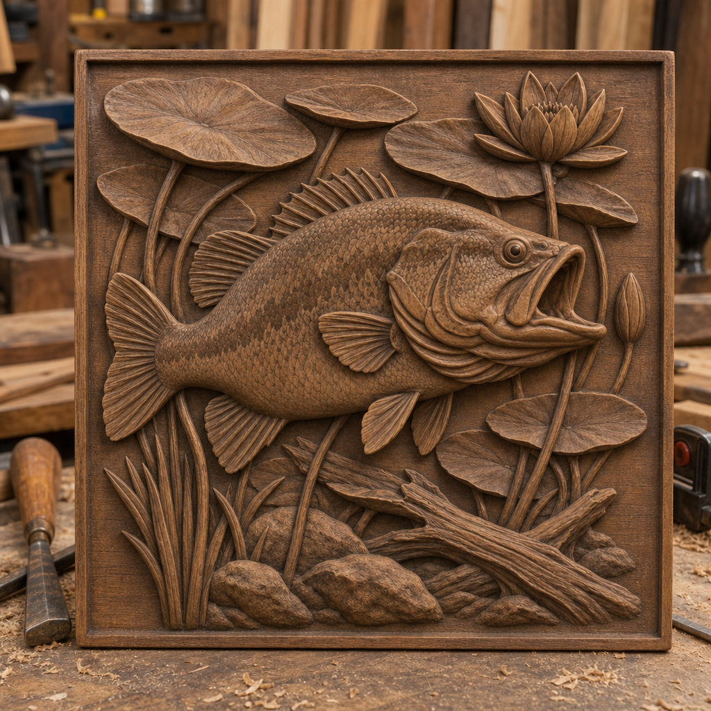 Detailed CNC wood relief of a bass among lily pads, lotus, grasses, rocks, and driftwood, shown on a workshop bench.