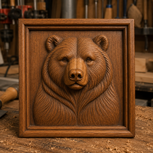 The Bear Portrait Relief STL File by Form Arcade features a detailed carved bear’s head and upper body, perfect for wildlife CNC wall art and woodworking enthusiasts.