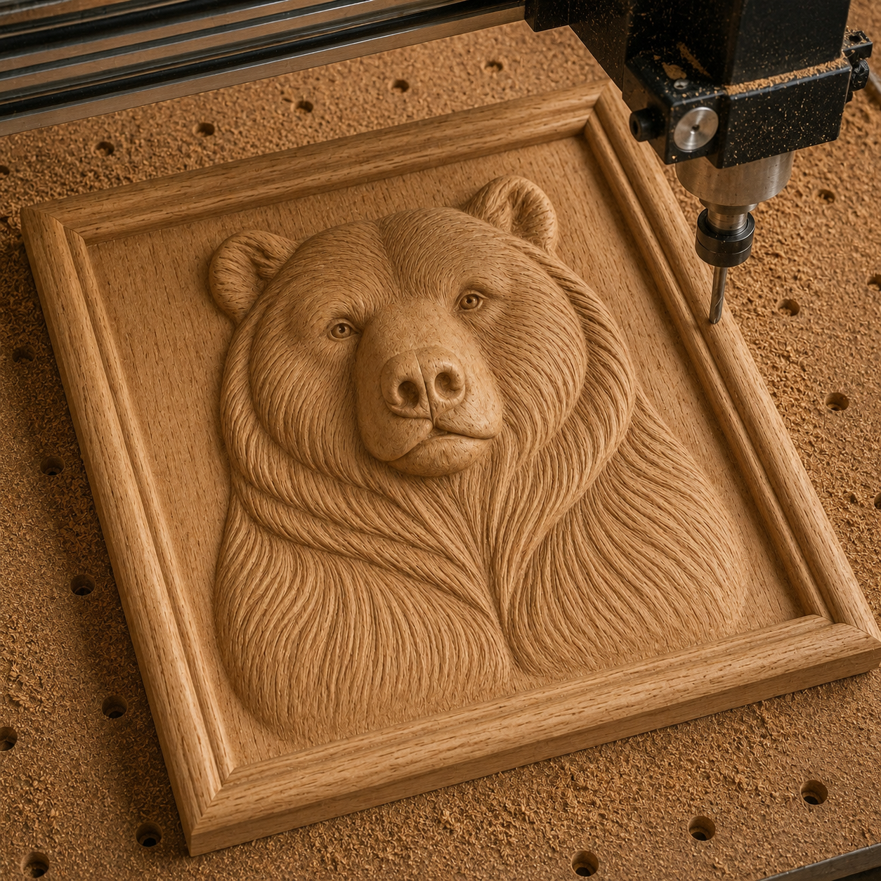 A CNC machine carves a lifelike bear portrait into wood using the Bear Portrait Relief STL File | Bear Wildlife CNC Wall Art by Form Arcade, capturing realistic fur texture and expression for stunning wall decor.
