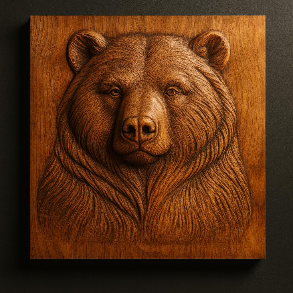 Form Arcade's Bear Portrait Relief STL File features a lifelike bear face with intricate fur on a square panel—ideal for CNC wall art or 3D printing. Perfect for wildlife décor and creative projects.
