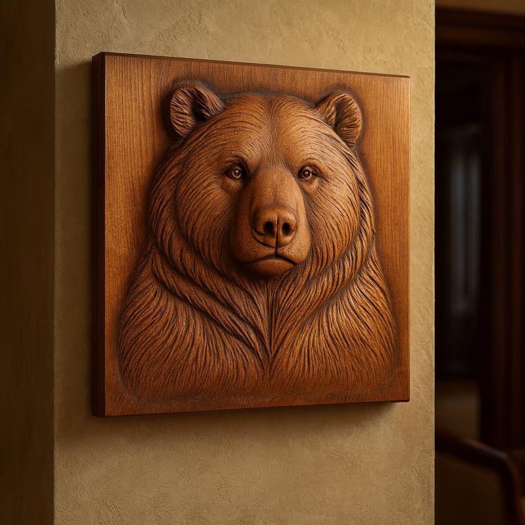 The Bear Portrait Relief STL File by Form Arcade is a CNC-carved wildlife wall art featuring a detailed bear face and upper body, ideal for mounting on textured beige walls in warmly lit interiors.