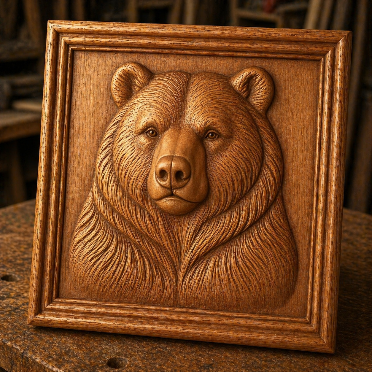 The Bear Portrait Relief STL File by Form Arcade features a detailed CNC carving of a bear's head in a rectangular frame, ideal for wildlife wall art. Perfect for those seeking unique CNC decor files.