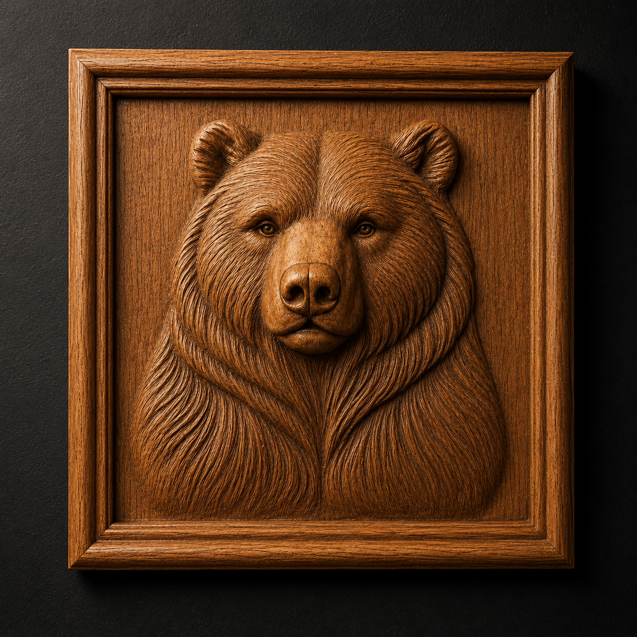 The Bear Portrait Relief STL File by Form Arcade is a detailed CNC wall art design featuring a bear's head in a square frame, showcasing intricate fur texture and facial features for wildlife-themed decor.