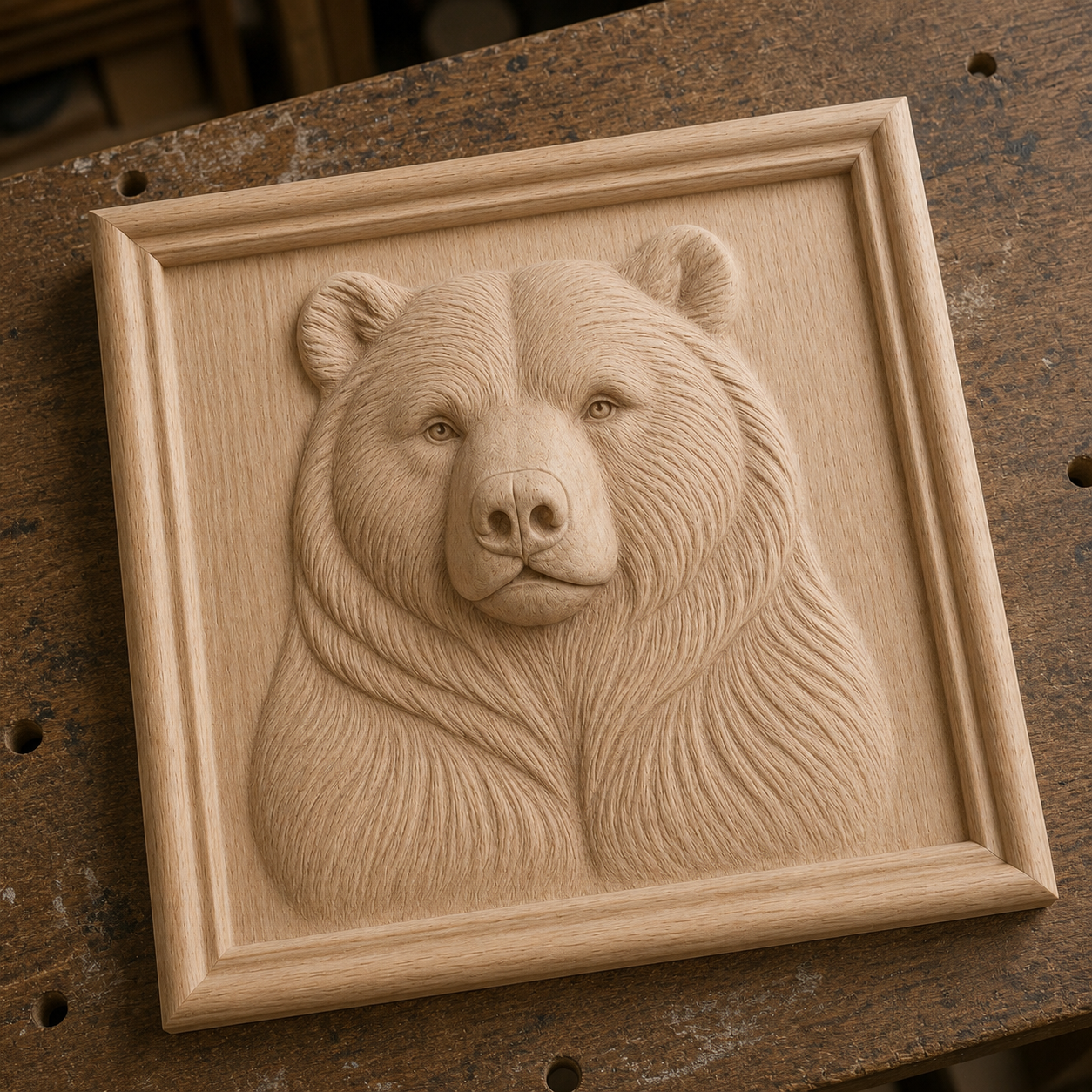 The Bear Portrait Relief STL File by Form Arcade features a detailed wooden bear head with intricate fur and facial features—ideal for 3D printing design or as wildlife CNC wall art.
