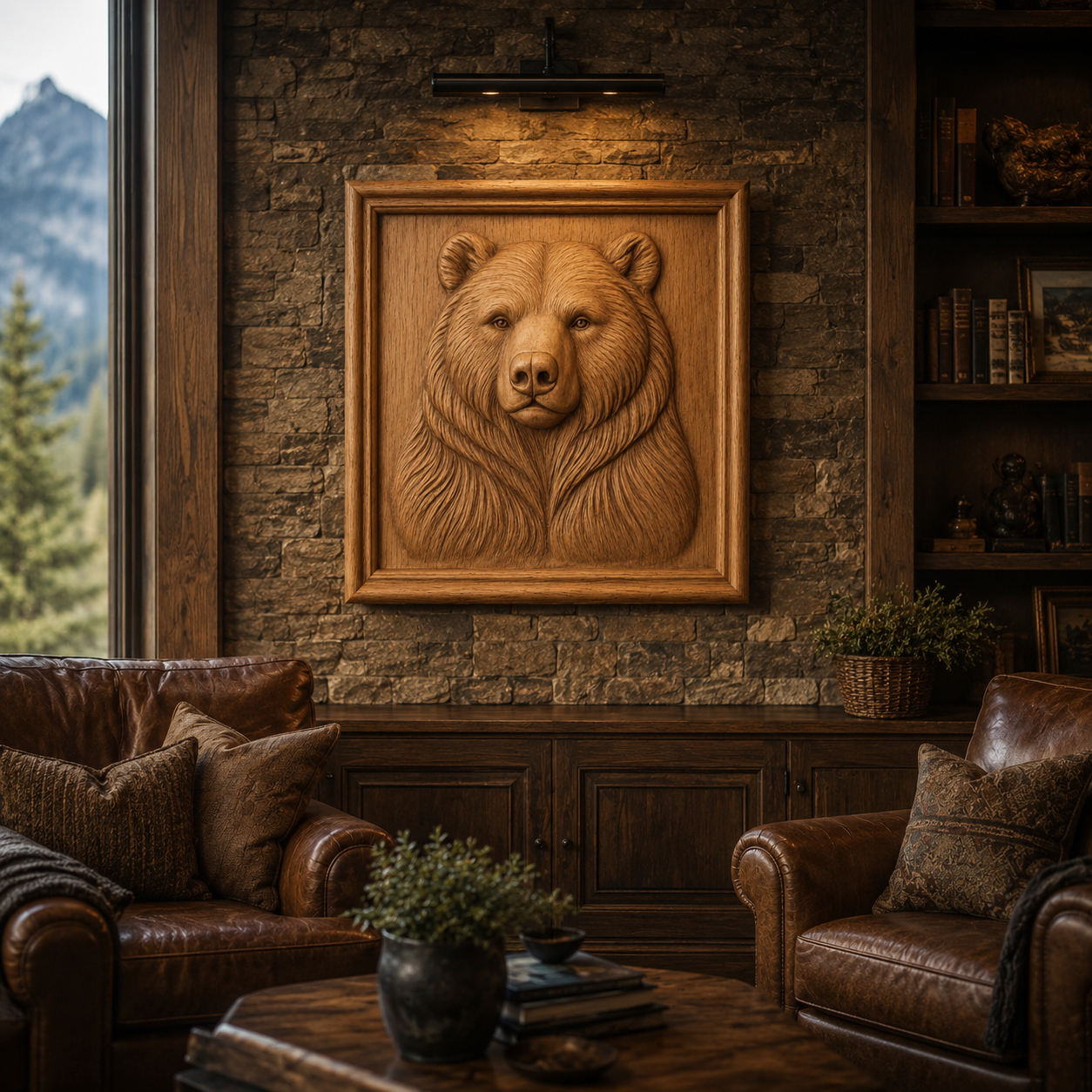 A cozy, rustic living room features Form Arcade's Bear Portrait Relief STL File | Bear Wildlife CNC Wall Art mounted on a stone wall, with leather armchairs, wooden shelves, warm lamplight, and a window framing forested mountain views.