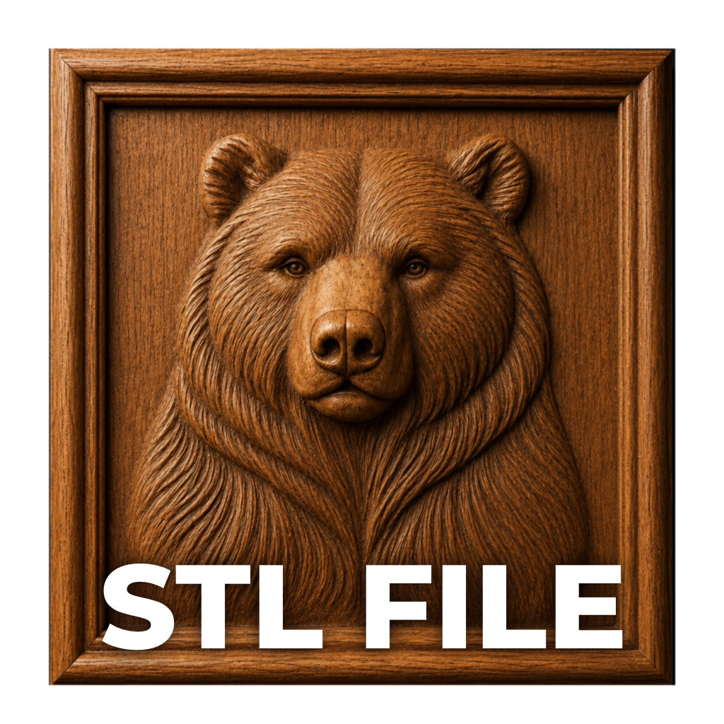 A detailed wood-carved bear portrait framed in wood, with "Bear Portrait Relief STL File | Bear Wildlife CNC Wall Art" by Form Arcade—perfect for CNC carving or 3D printing projects.