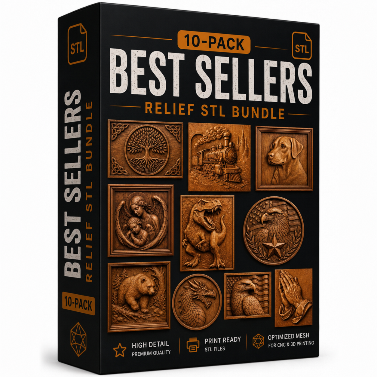 Showcasing the Form Arcade “Best Sellers 10-Pack Relief STL Bundle | CNC Wall Art,” this box displays images of detailed relief designs—such as animals, a wizard, a motorcycle, and other intricate carved art. The bundle includes 10 print-ready STL files ideal for CNC carving or 3D printing.