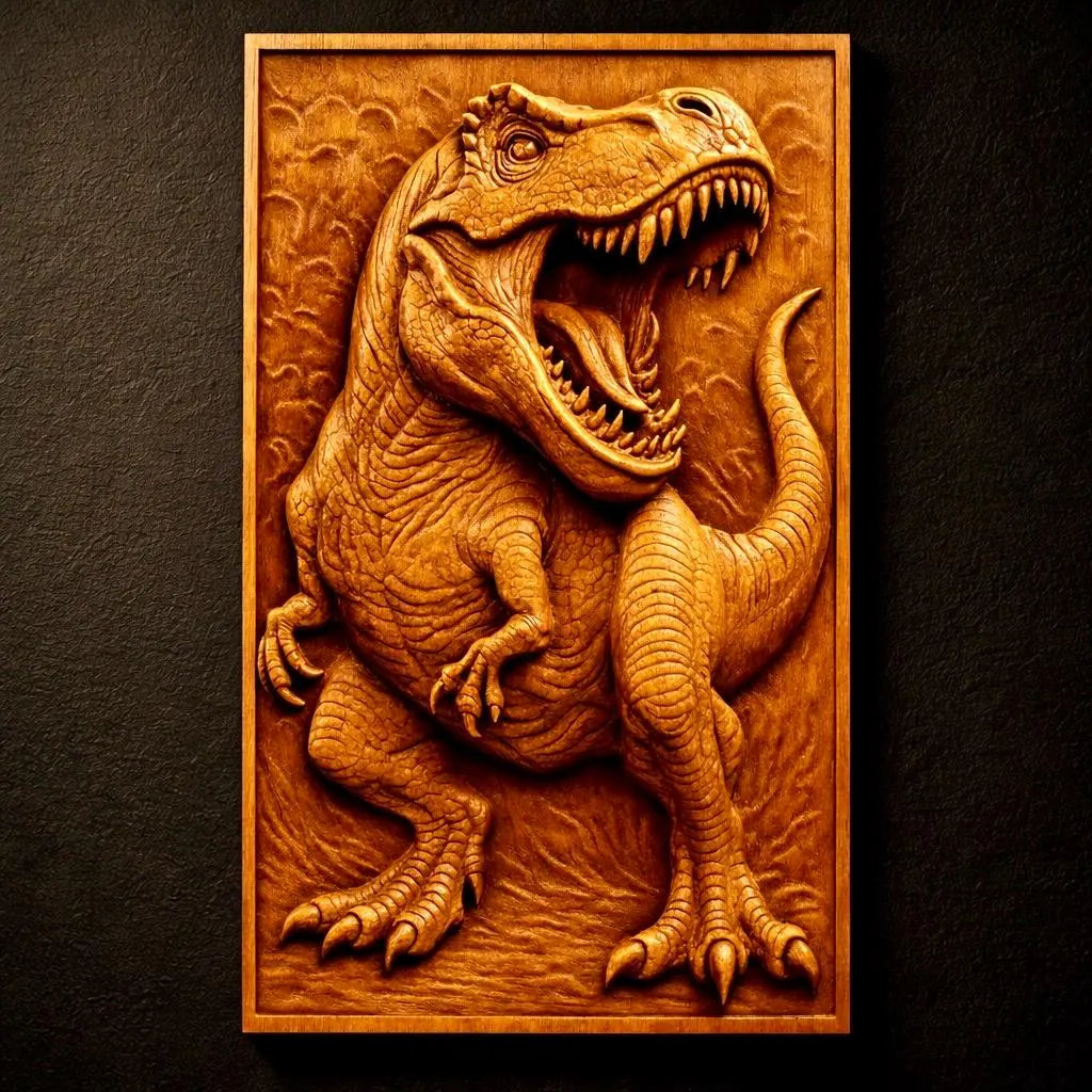 The Best Sellers 10-Pack Relief STL Bundle by Form Arcade features detailed CNC wall art, including a roaring Tyrannosaurus rex in profile with its mouth open and claws raised.