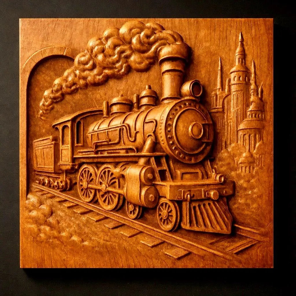 The Best Sellers 10-Pack Relief STL Bundle by Form Arcade features a detailed wood carving of a steam locomotive on tracks, with smoke, an arched tunnel, and ornate buildings—showcasing intricate relief designs perfect for CNC wall art.