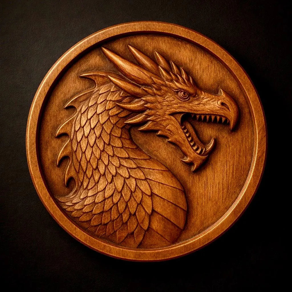 The Best Sellers 10-Pack Relief STL Bundle by Form Arcade features CNC wall art, including a round wooden plaque intricately carved with a dragon profile—detailed scales, sharp horns, and open mouth on a dark background.