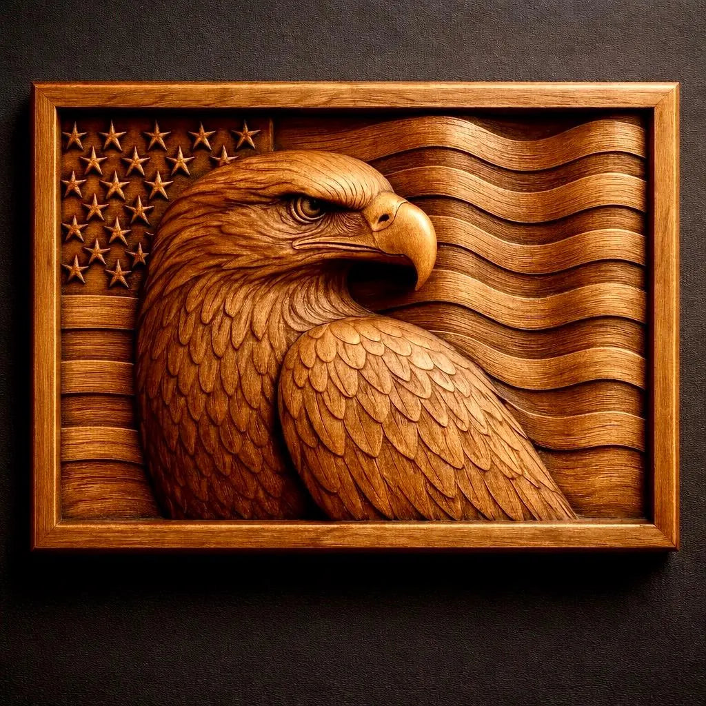 The Best Sellers 10-Pack Relief STL Bundle by Form Arcade features a wood-carved bald eagle before a waving American flag, with CNC-carved feathers and flag details in dramatic relief—perfect CNC wall art.