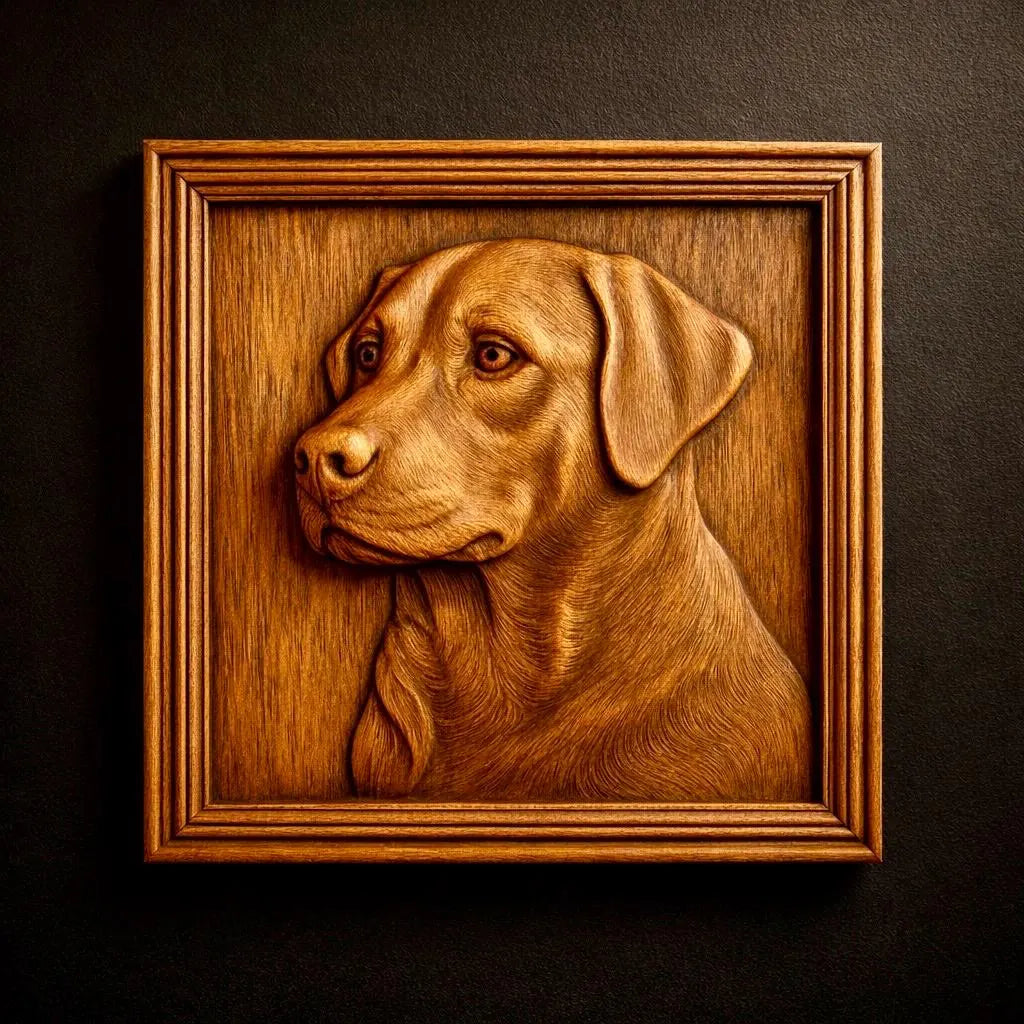 The Best Sellers 10-Pack Relief STL Bundle by Form Arcade features CNC wall art designs, including a detailed wooden relief carving of a dog's head with lifelike fur and expressive eyes, framed in wood against a dark background.