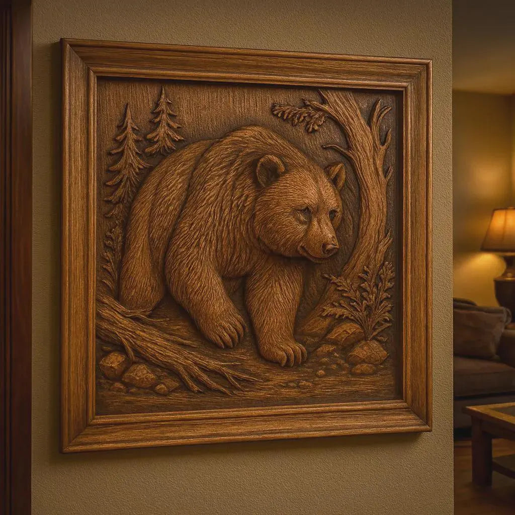 The Form Arcade Best Sellers 10-Pack Relief STL Bundle | CNC Wall Art features detailed wooden wall carvings with intricate designs, such as a bear in nature, perfect for displaying on a warmly lit living room wall.