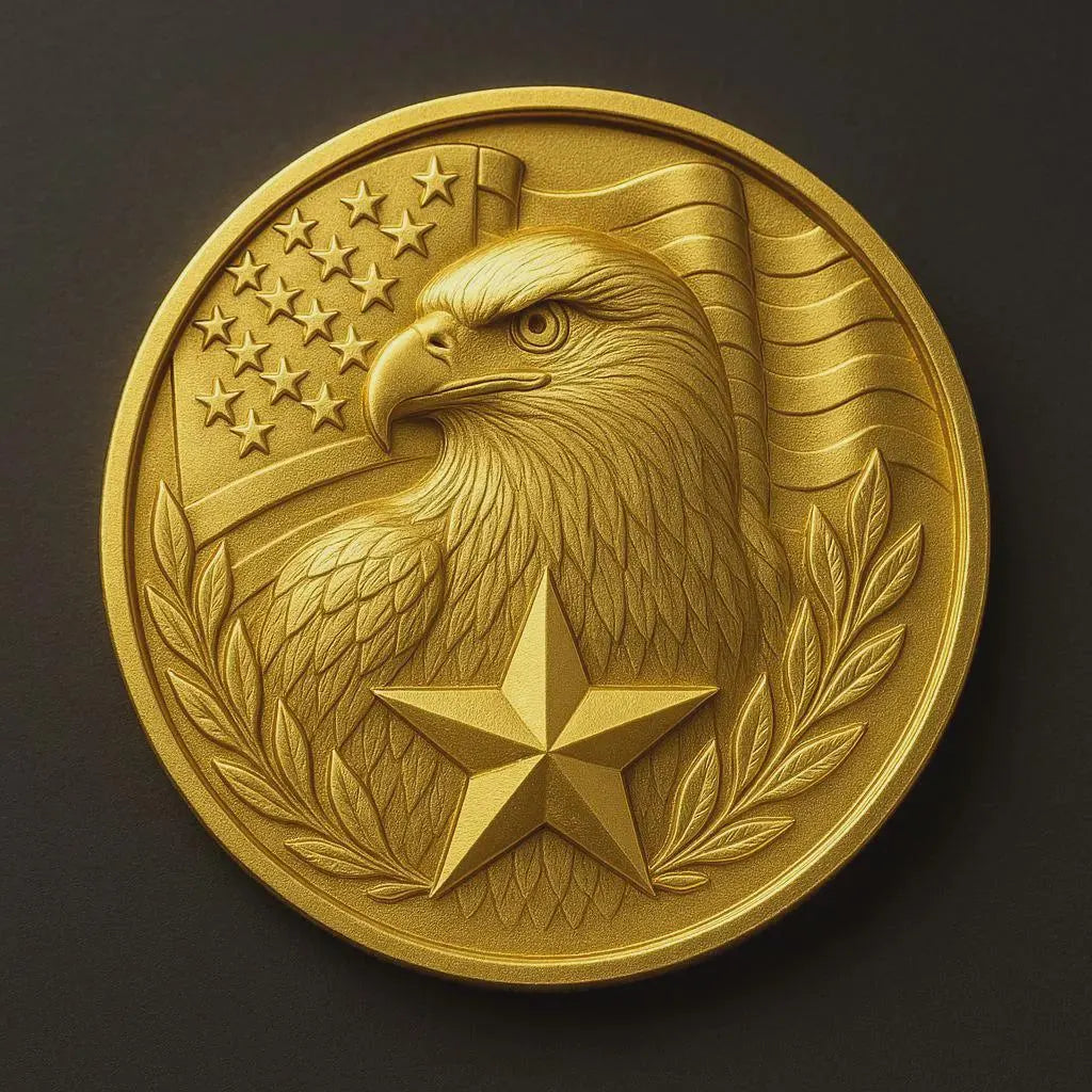 The Form Arcade Best Sellers 10-Pack Relief STL Bundle | CNC Wall Art includes a gold medal featuring a bald eagle before a waving American flag, surrounded by laurel leaves and a large star—perfect for CNC carving or detailed relief designs.