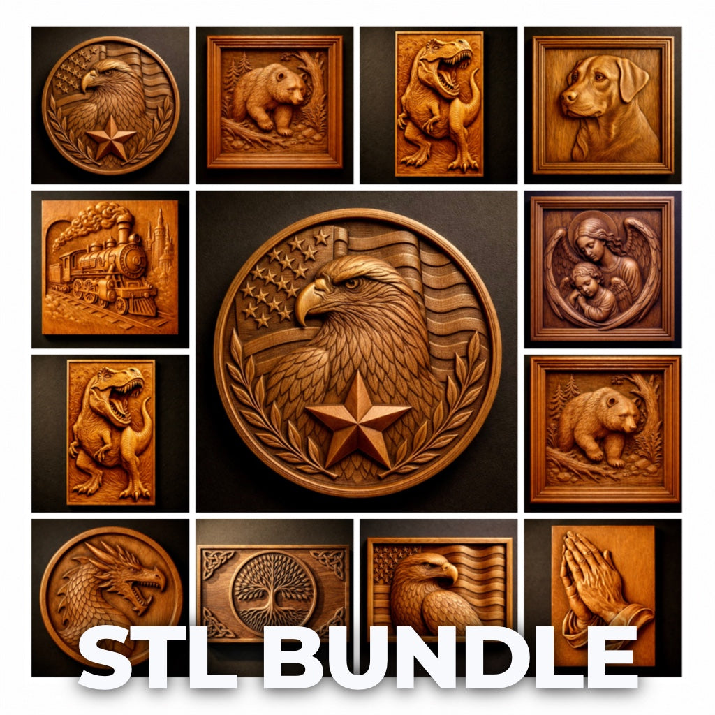 A collage of carved animal, train, eagle, religious, and nature reliefs surrounds bold “STL BUNDLE” text. The Best Sellers 10-Pack Relief STL Bundle by Form Arcade is perfect for CNC wall art or 3D printing projects.