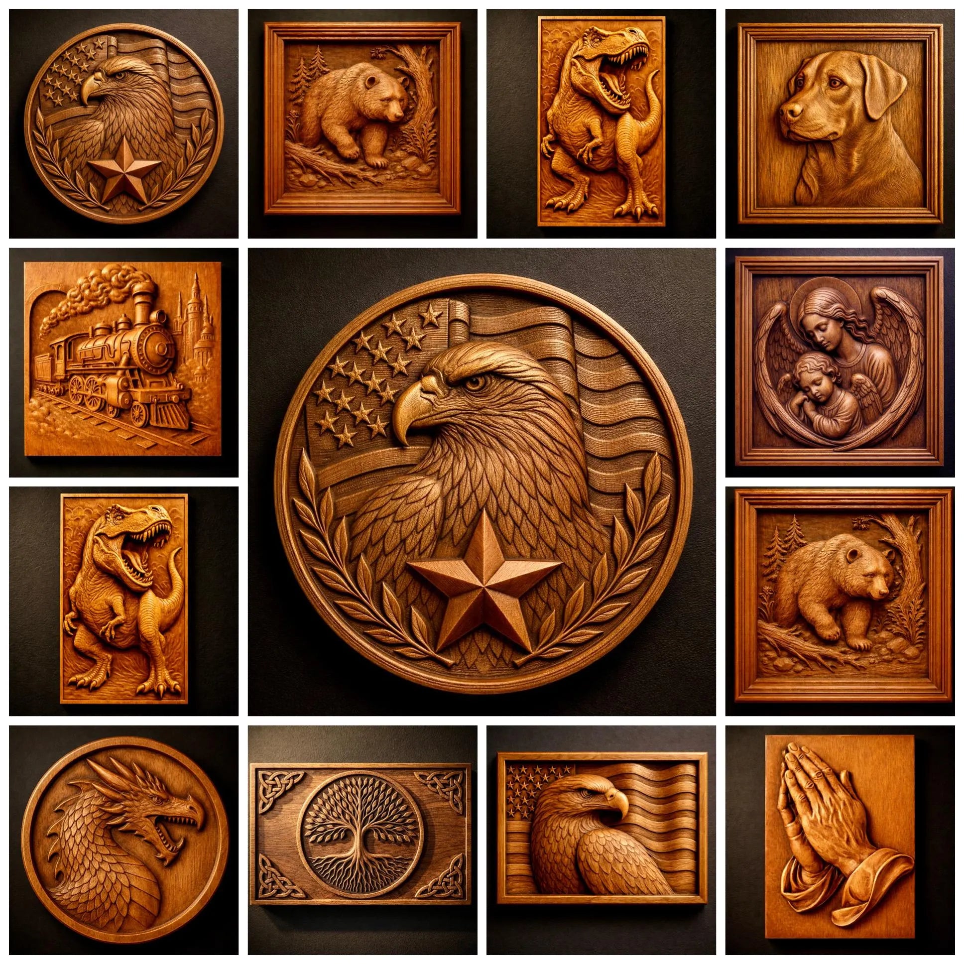 The Form Arcade Best Sellers 10-Pack Relief STL Bundle showcases CNC-carved wall art: eagles, a dog, rabbit, train, dinosaur, dragon, praying hands, tree, and Madonna with child—all arranged around a central eagle medallion.