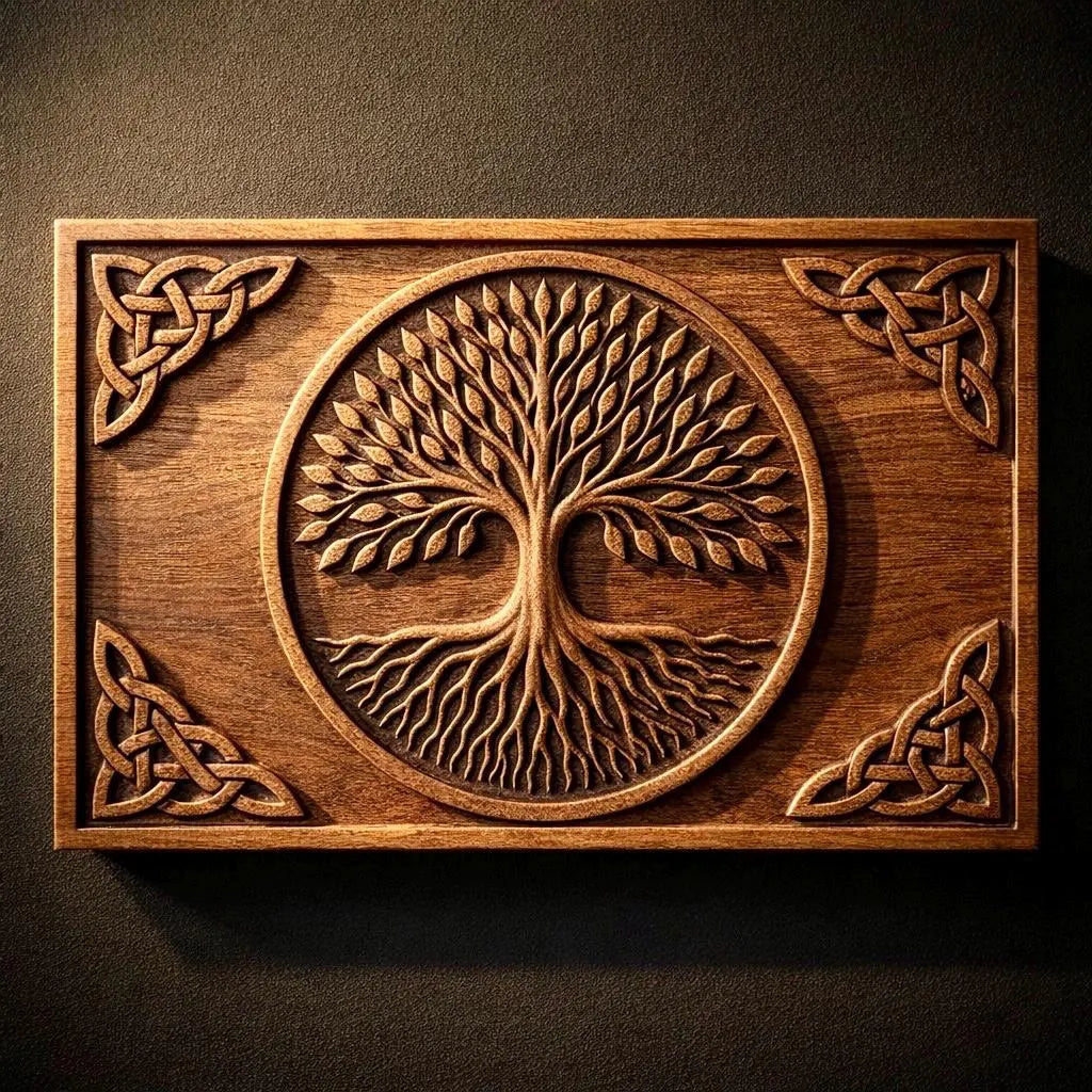 The Best Sellers 10-Pack Relief STL Bundle by Form Arcade includes CNC wall art designs, like a wooden plaque featuring a detailed tree with spreading branches and Celtic knot corners, showcasing skilled relief craftsmanship.