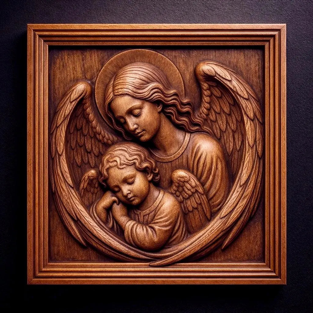 The Best Sellers 10-Pack Relief STL Bundle by Form Arcade features detailed CNC wall art, including a wooden relief of an angel embracing a child angel, both serene, with intricate designs and a simple wooden border against a dark background.
