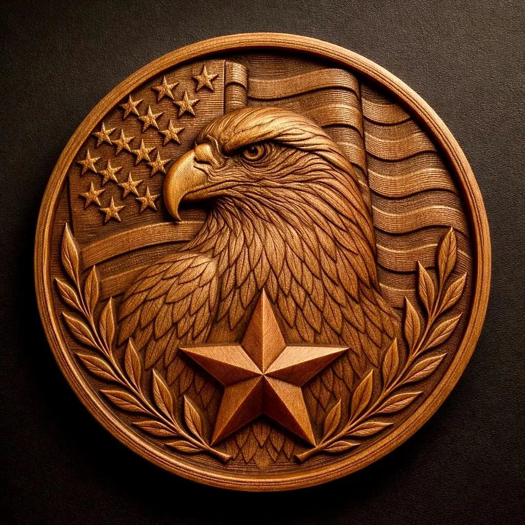 The Best Sellers 10-Pack Relief STL Bundle by Form Arcade features a round wooden plaque with a CNC-carved bald eagle, American flag, large star, and laurel leaves—ideal patriotic wall art for celebrating national pride.