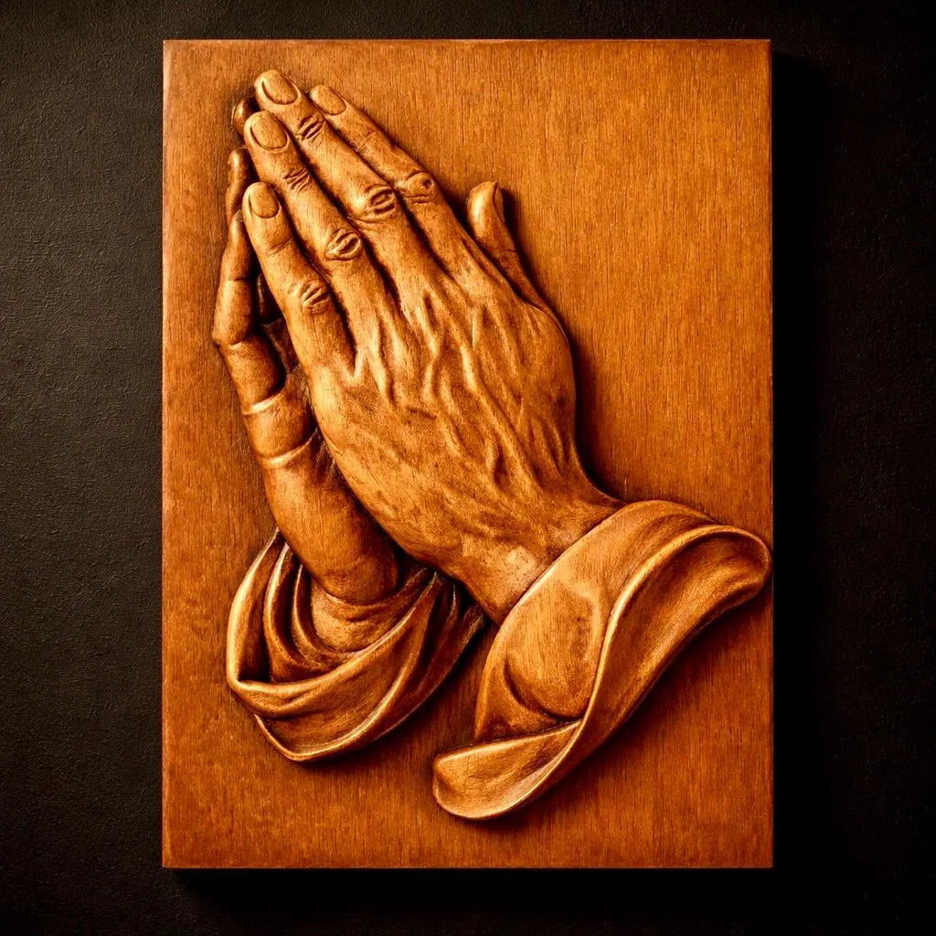 The Best Sellers 10-Pack Relief STL Bundle by Form Arcade features CNC wall art designs, including a carved wooden plaque of two hands in prayer with detailed fingers and sleeves against a dark background in intricate relief.