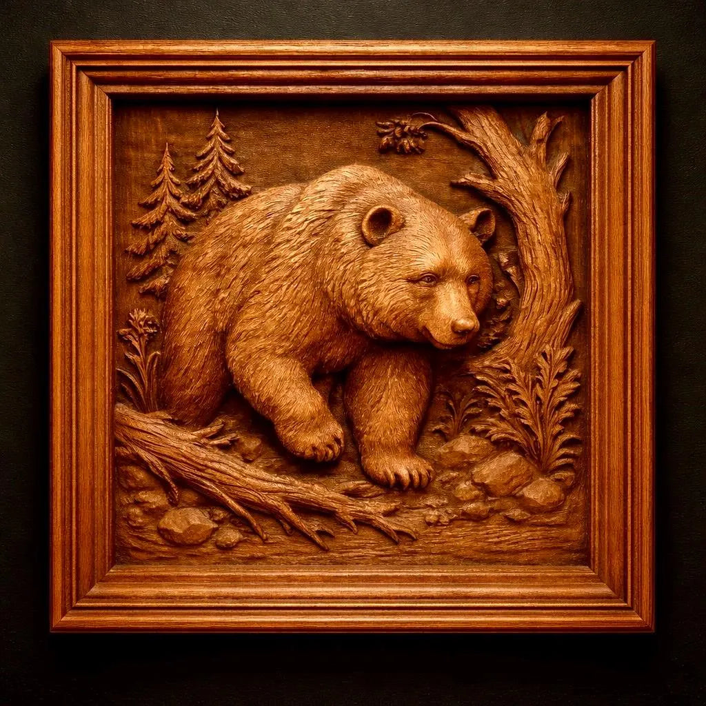 The Best Sellers 10-Pack Relief STL Bundle by Form Arcade features CNC wall art, including a detailed bear walking in a forest with trees, rocks, and plants, beautifully framed and set against a dark background.