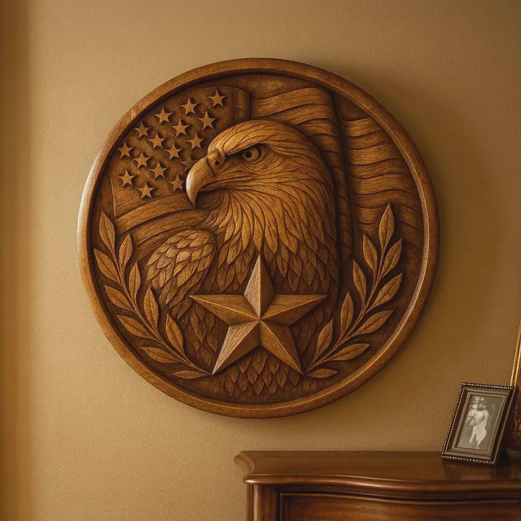 The Form Arcade Best Sellers 10-Pack Relief STL Bundle | CNC Wall Art includes a round wooden wall plaque with a CNC-carved eagle, American flag, laurel branches, and a star, displayed above a dresser on a beige wall with a small framed photo.