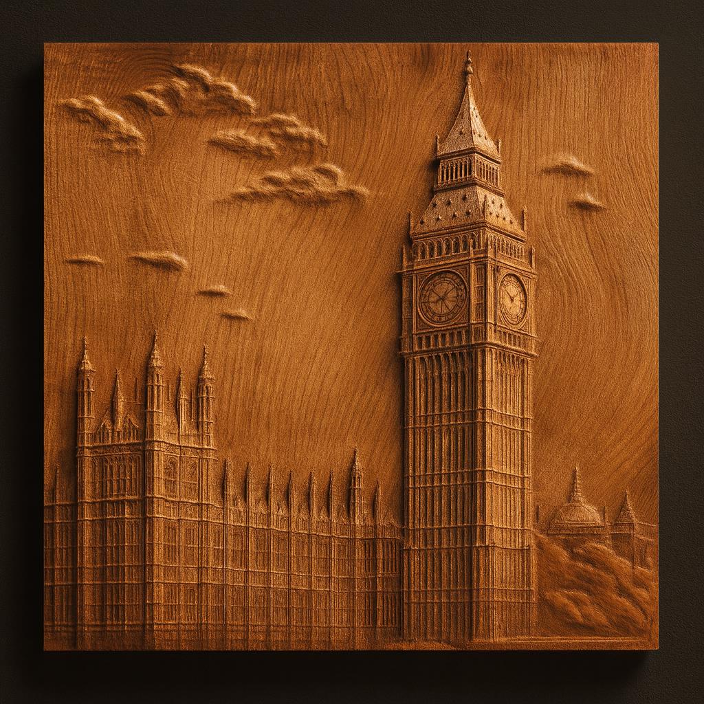 Carved wooden relief of Big Ben clock tower with detailed architectural elements and smooth depth transitions, captured with warm lighting to highlight wood grain and clean CNC carving detail for wall art and display use