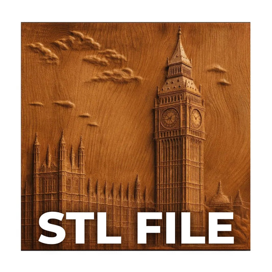 Big Ben London Relief STL File by Form Arcade: a wood-carved style wall art of Big Ben and nearby buildings with clouds, perfect for CNC carving or 3D printing. Bold white text "STL FILE" appears at the bottom of the image.