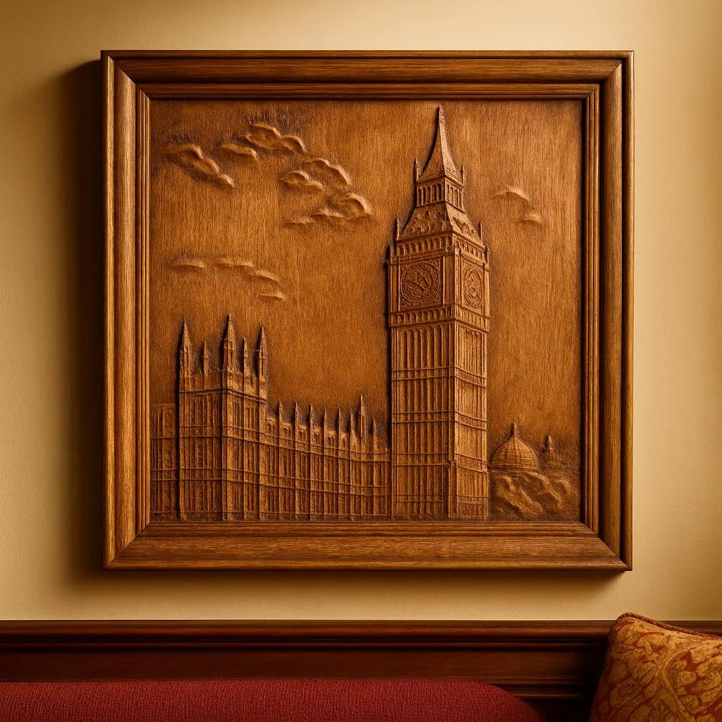 The "Big Ben London Relief STL File | CNC Wall Art" by Form Arcade features detailed Big Ben and Parliament architecture with sky and clouds, shown framed on a beige wall above a red cushioned sofa.