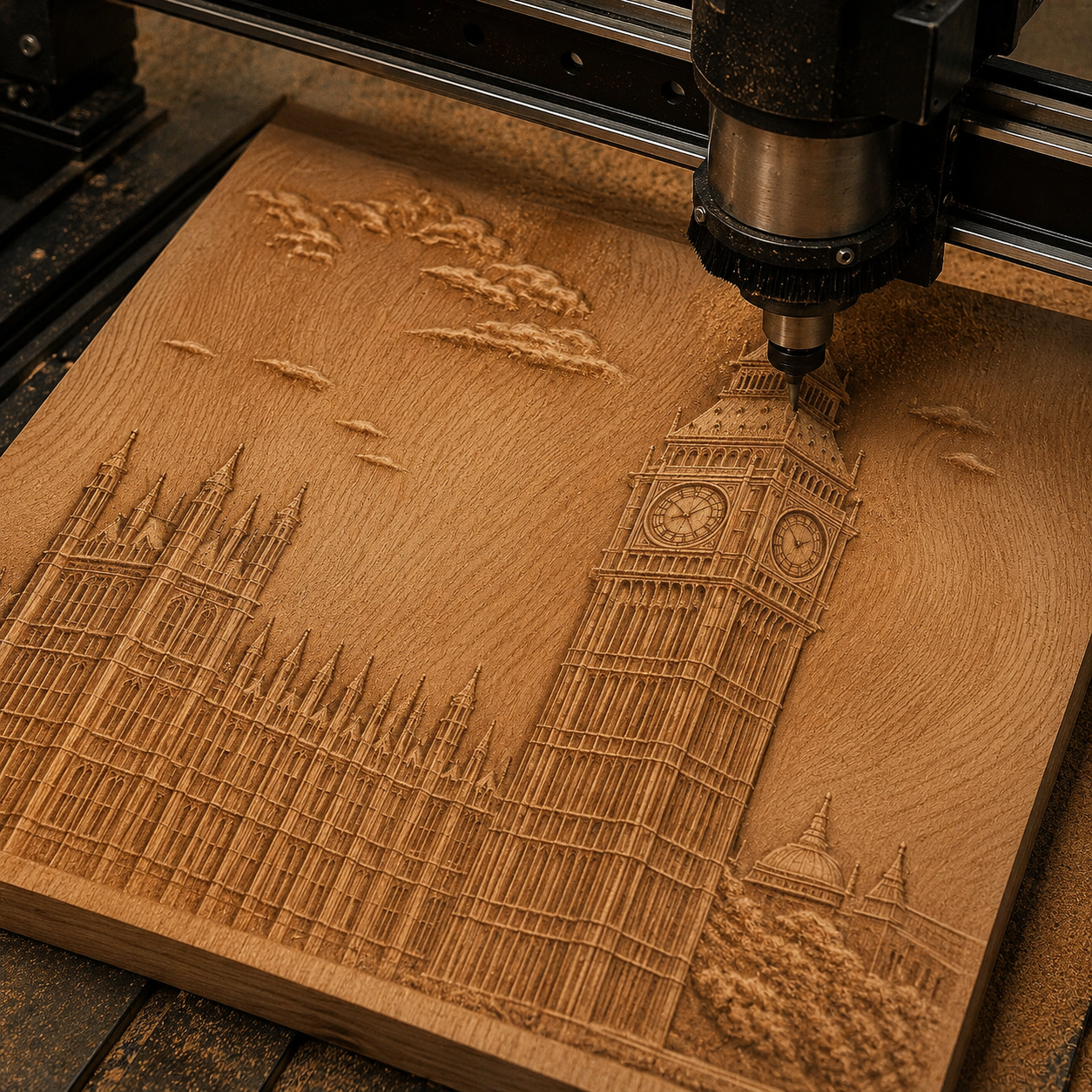 The Big Ben London Relief STL File by Form Arcade lets you create CNC wall art of Big Ben and the Palace of Westminster with clouds and birds—ideal as unique decor for any space.