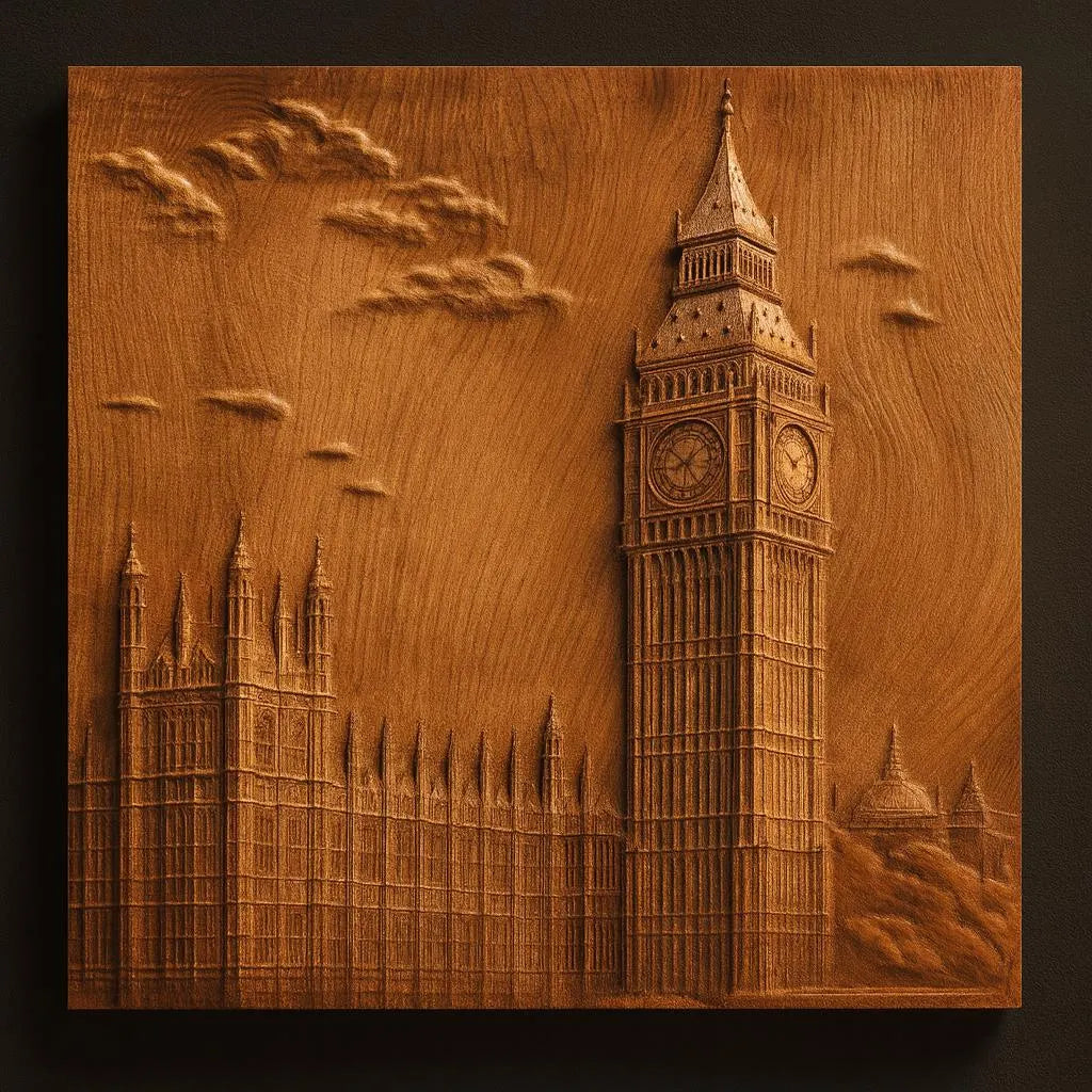 The Big Ben London Relief STL File by Form Arcade features intricate CNC wall art of Big Ben and the Houses of Parliament, designed for enthusiasts to create stunning wood carvings from a single panel.