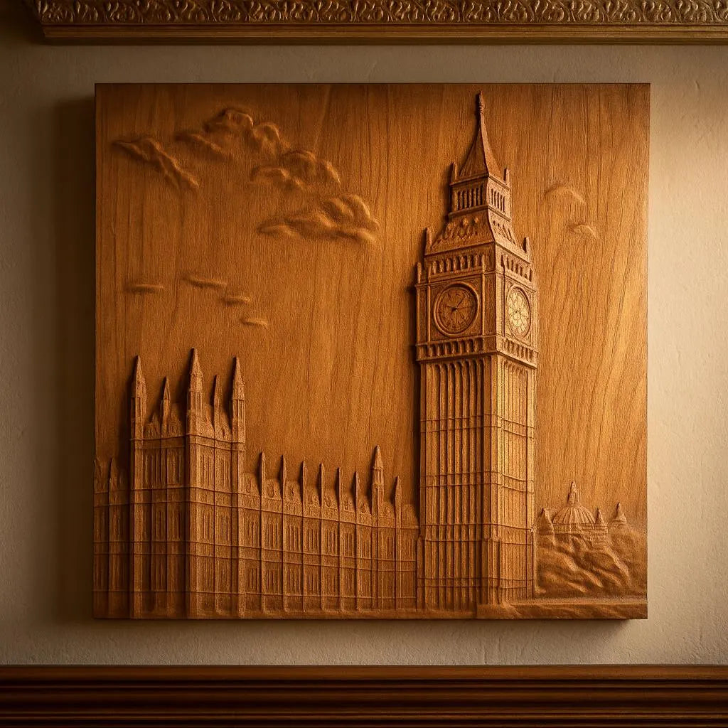 The Big Ben London Relief STL File by Form Arcade is a detailed CNC wall art design featuring Big Ben and part of the Palace of Westminster with clouds and fine details—ideal for decorative woodworking projects.