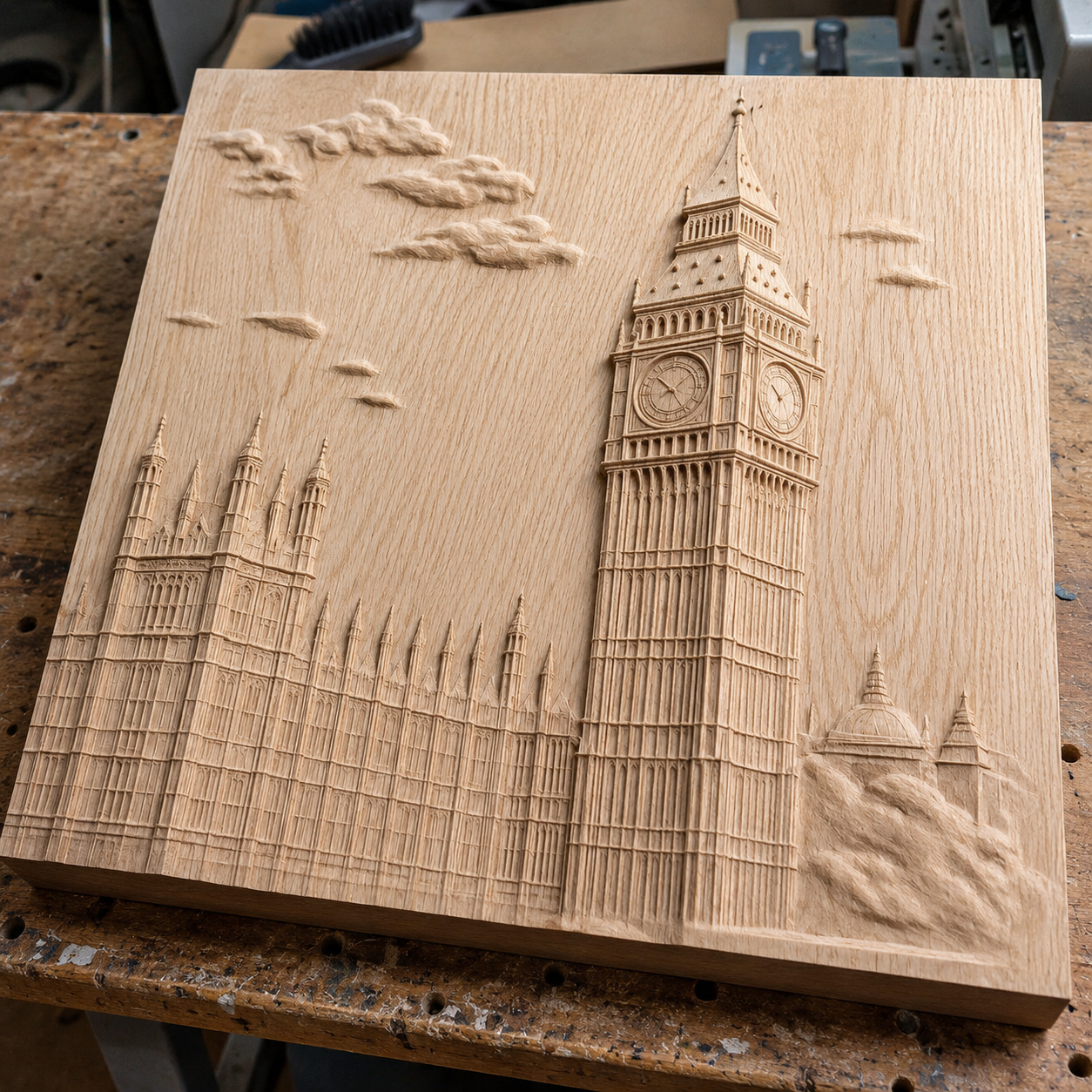 The "Big Ben London Relief STL File | CNC Wall Art" by Form Arcade features a detailed wooden carving of Big Ben and the Palace of Westminster with clouds, perfect for decorative woodworking projects.