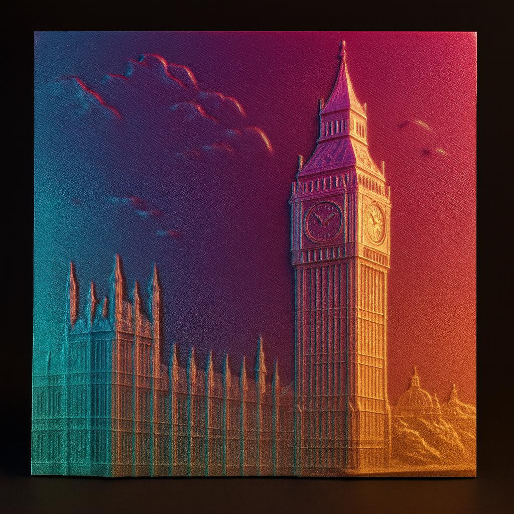 Bas relief of Big Ben clock tower displayed in a vibrant color gradient from teal to purple to pink, showing smooth layered depth and clean geometry as a 3D printed version of a CNC relief STL design