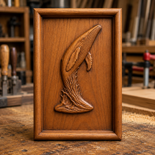 A “Breaching Whale Ocean Relief STL File” by Form Arcade is displayed upright on a workbench in a woodworking shop, showcasing a detailed nautical CNC wall art carving of a whale breaching from the ocean.