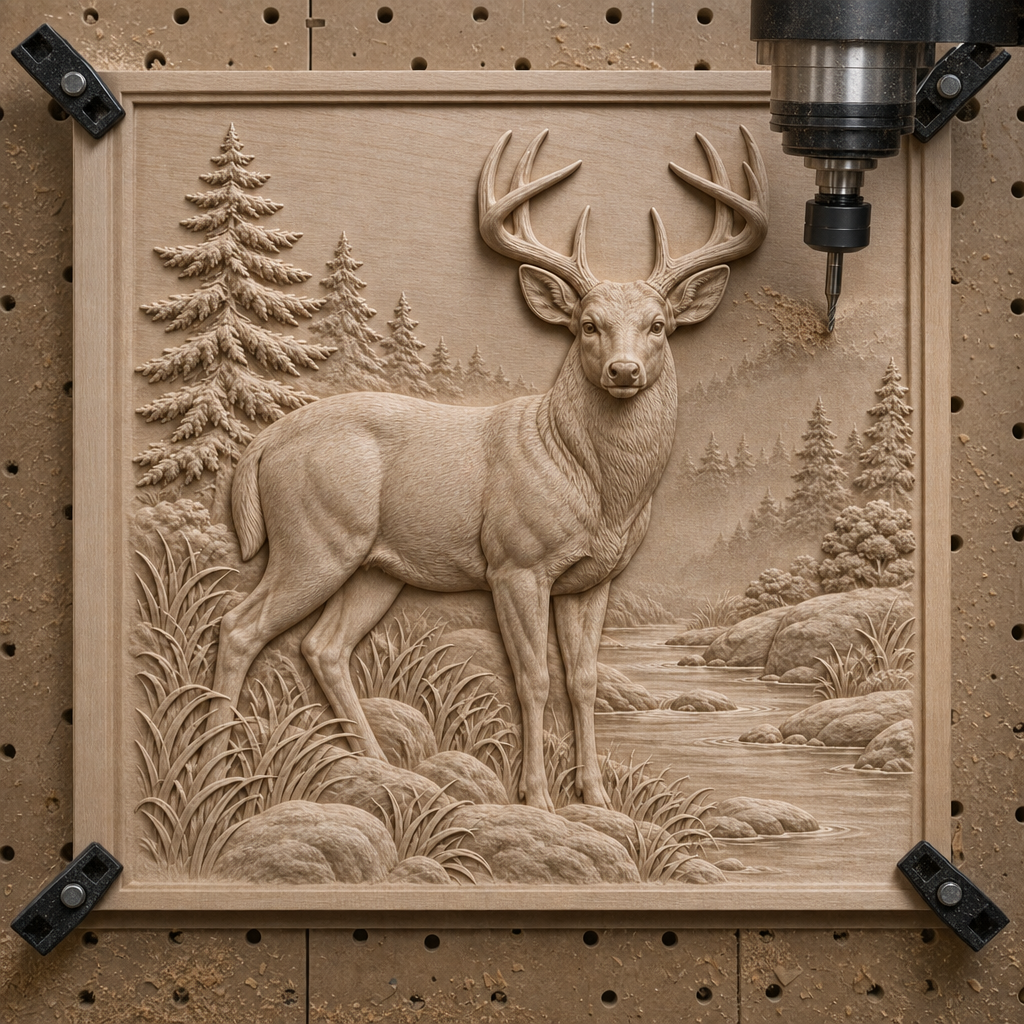 CNC cutting an unpainted wood relief of an antlered buck, creek, rocks, grasses, and evergreen trees in a framed panel.