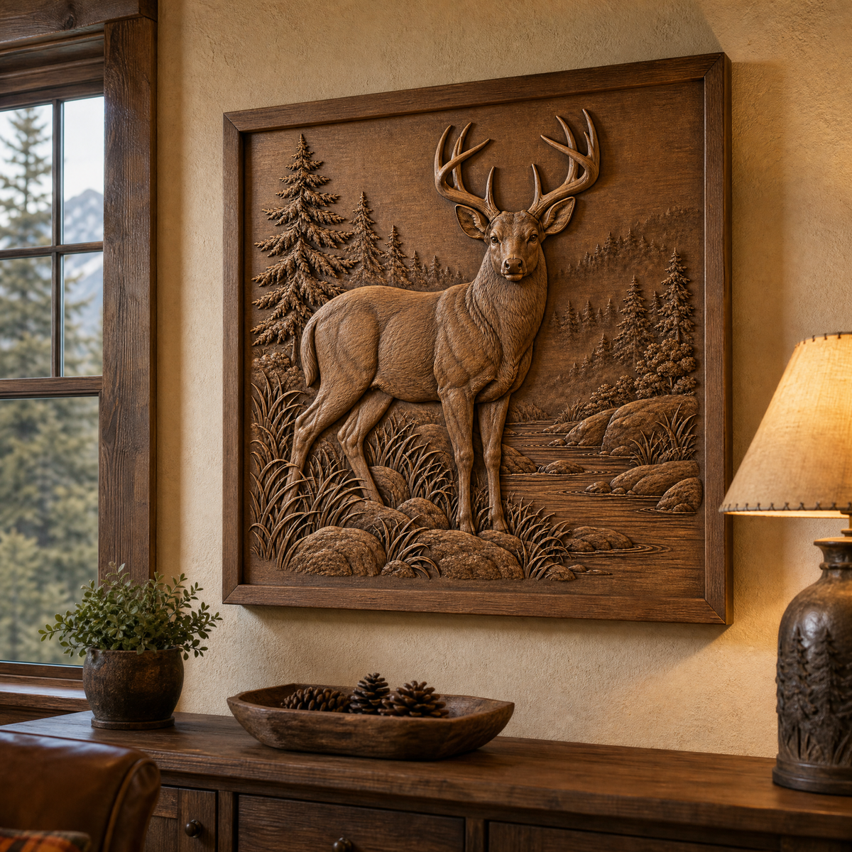 Framed wood relief wall art shows an antlered buck beside a creek, with grasses, rocks, evergreen trees, and forest scenery.