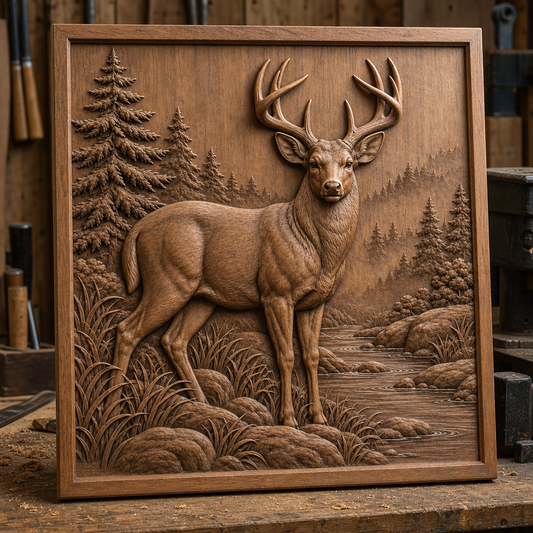 Framed CNC wood relief of an antlered buck beside a rocky creek, with grasses, evergreens, and layered forest detail.