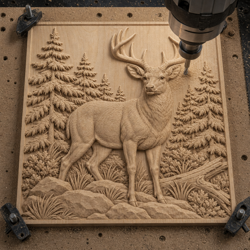 CNC cutting a wood relief of an antlered buck among pine trees, rocks, grasses, shrubs, and a fallen log on a machine bed.