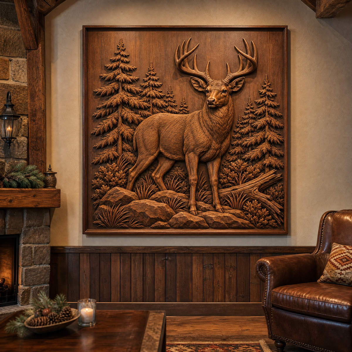 Framed CNC wood relief of an antlered buck in a pine woodland scene displayed on a rustic living room wall.